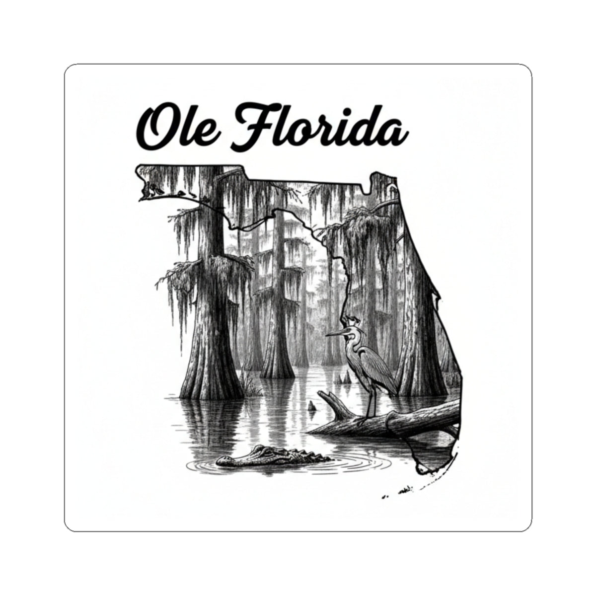 Ole Florida Kiss-Cut Sticker — Scenic Swamp Heron Design