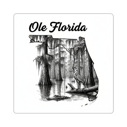 Ole Florida Kiss-Cut Sticker — Scenic Swamp Heron Design