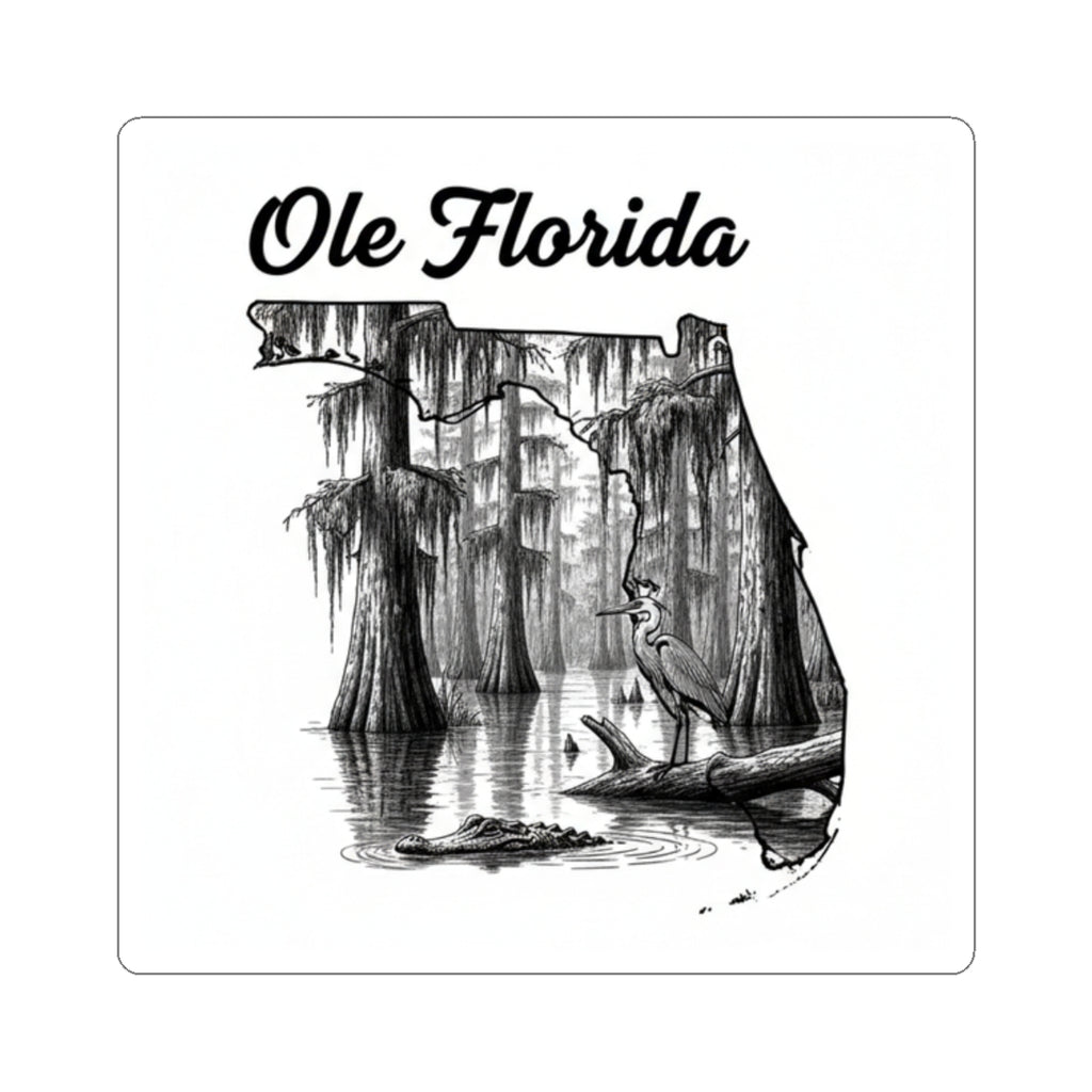 Ole Florida Kiss-Cut Sticker — Scenic Swamp Heron Design